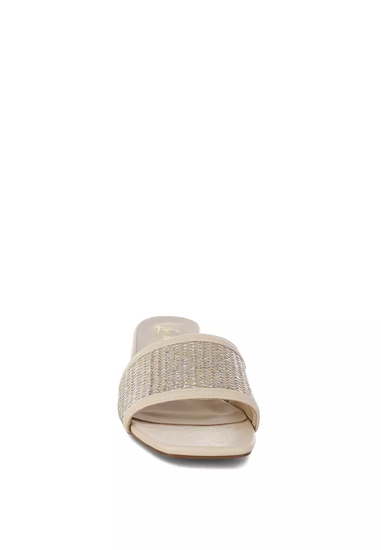 Raffia Slip On Sandals In Beige