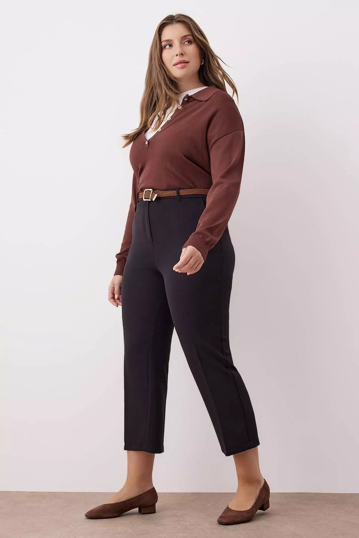 Black Normal Waist Straight Leg Plus Size Woven Trousers