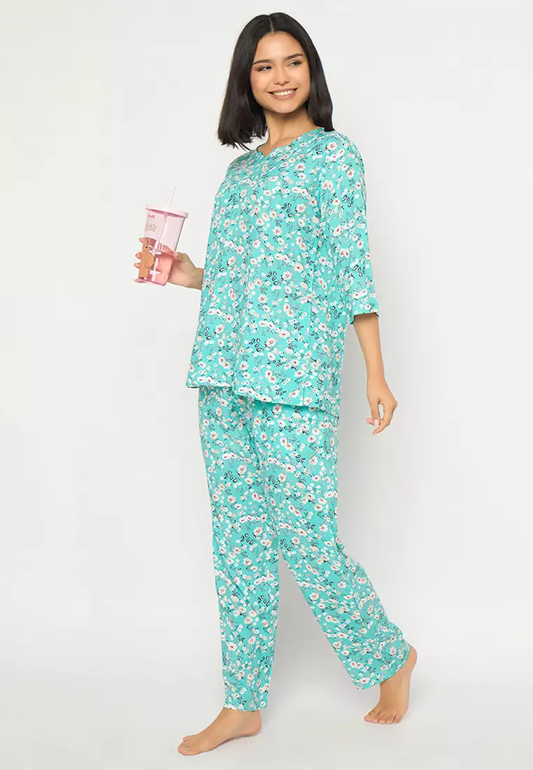 Clovia Floral Print Top & Pyjama Set in Sky Blue - Rayon