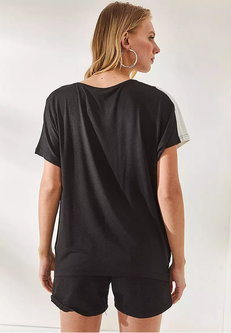 Women's Black Color Block Bat Knitted Viscose Blouse BLZ-19002283