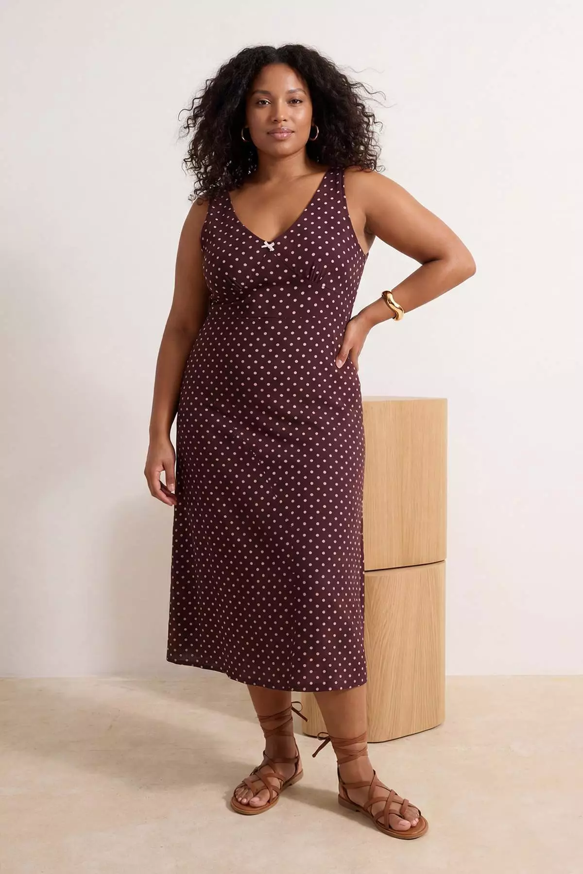 plus size brown polka dot dress Second Glance Olga Criss-Cross Back Midi Dress Polka Dot Brown