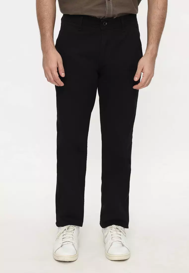 POLICE Celana Chino Panjang Jet Black Cotton Premium Stretch Regular Fit Pria
