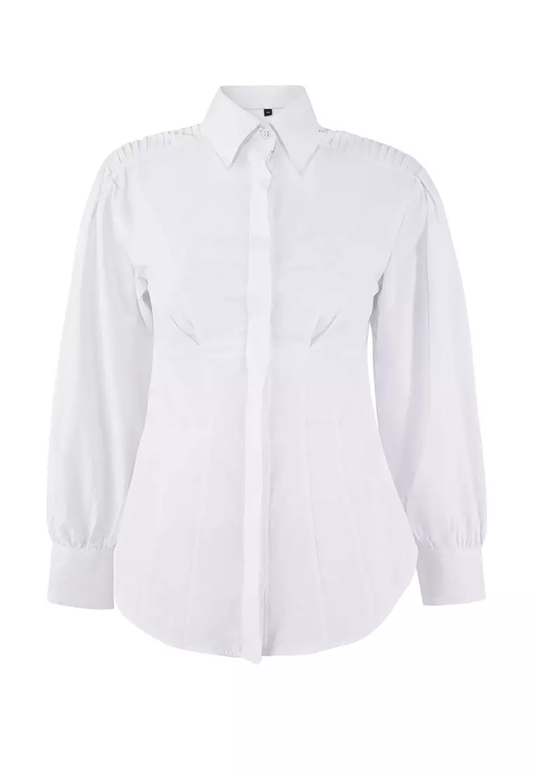White Fitted Balloon Sleeve Fitted/Waist Fitted Cotton Piece Shirt Tctss26Tg00015