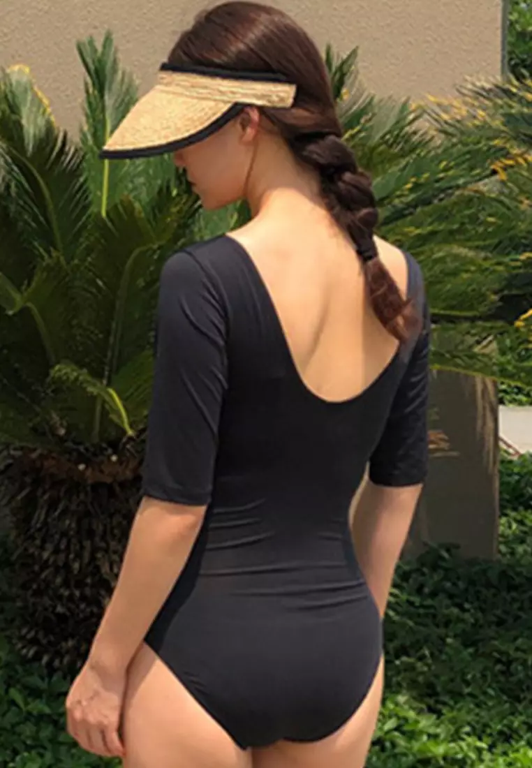 V-Neck Backless Pleated Belly-Covering Triangle One-Piece Swimsuit A22031708BK