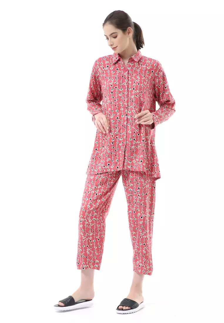 Nayra One Set Setelan Kemeja Wanita Lengan Panjang Motif Tulip Full Kancing Material Rayon ORIGINAL - Pink
