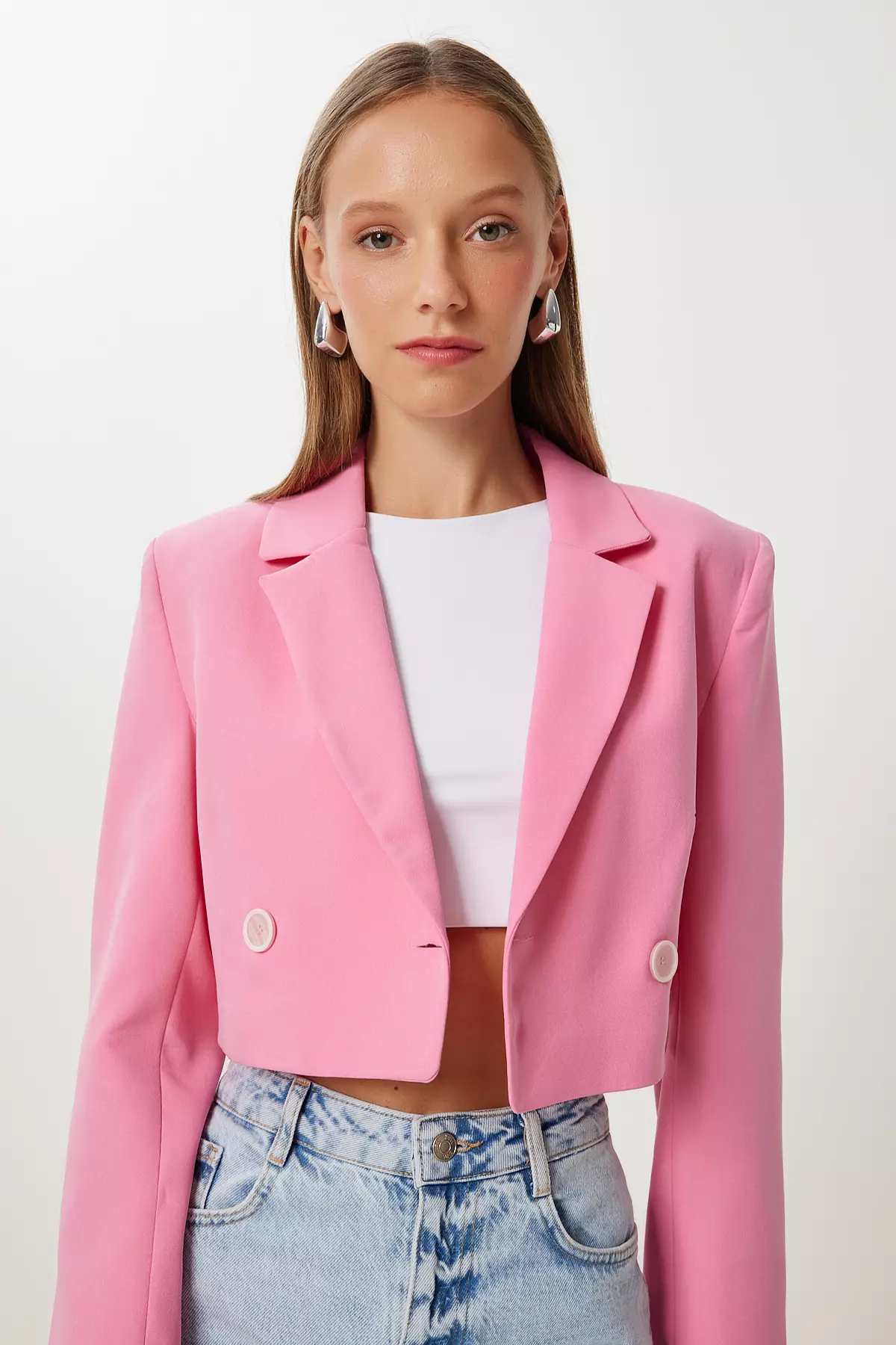 Women's Pink Padded Crop Woven Jacket Kt00019