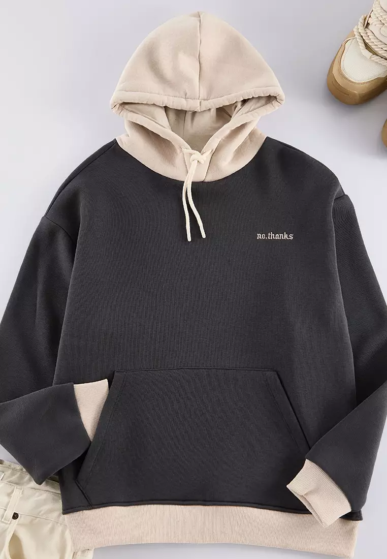 Anthracite Oversize/Wide Cut Hooded Polar Fleece Inside Color Block Embroidered Sweatshirt TMNAW25SW00067