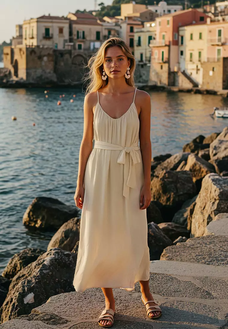 Beige Maxi Woven Belted Beach Dress Tbess25El00086