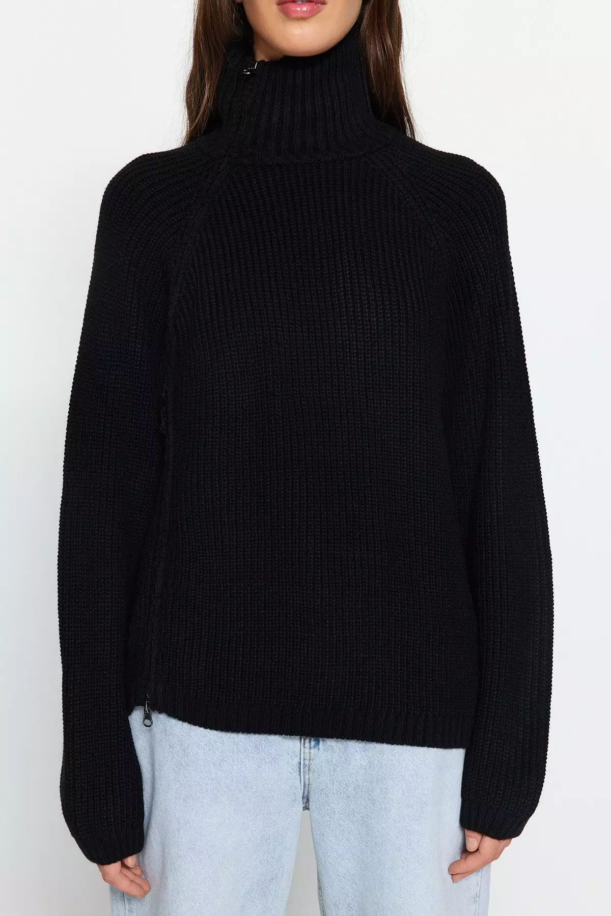 High Neck Raglan Sleeves Zip Sweater