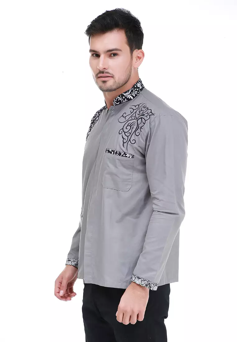 Dwan Kemeja Batik Pria Simple Atasan Formal Longsleeve Shirt Material Cotton ORIGINAL - Grey