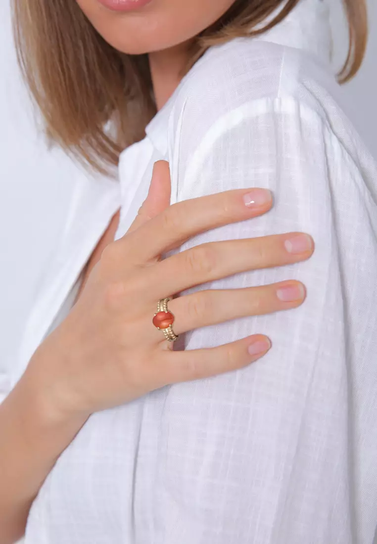 Cincin Perhiasan Perak 925 Wanita Statement Twisted Carnelian Gold Plated