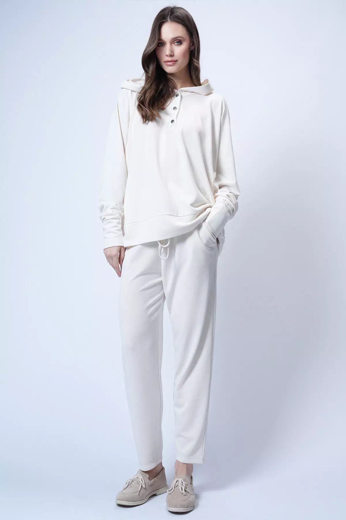 Women'S Ecru Hooded Snap Fasteners Oversized Sweatshirt And Pants Set Alc-X12476