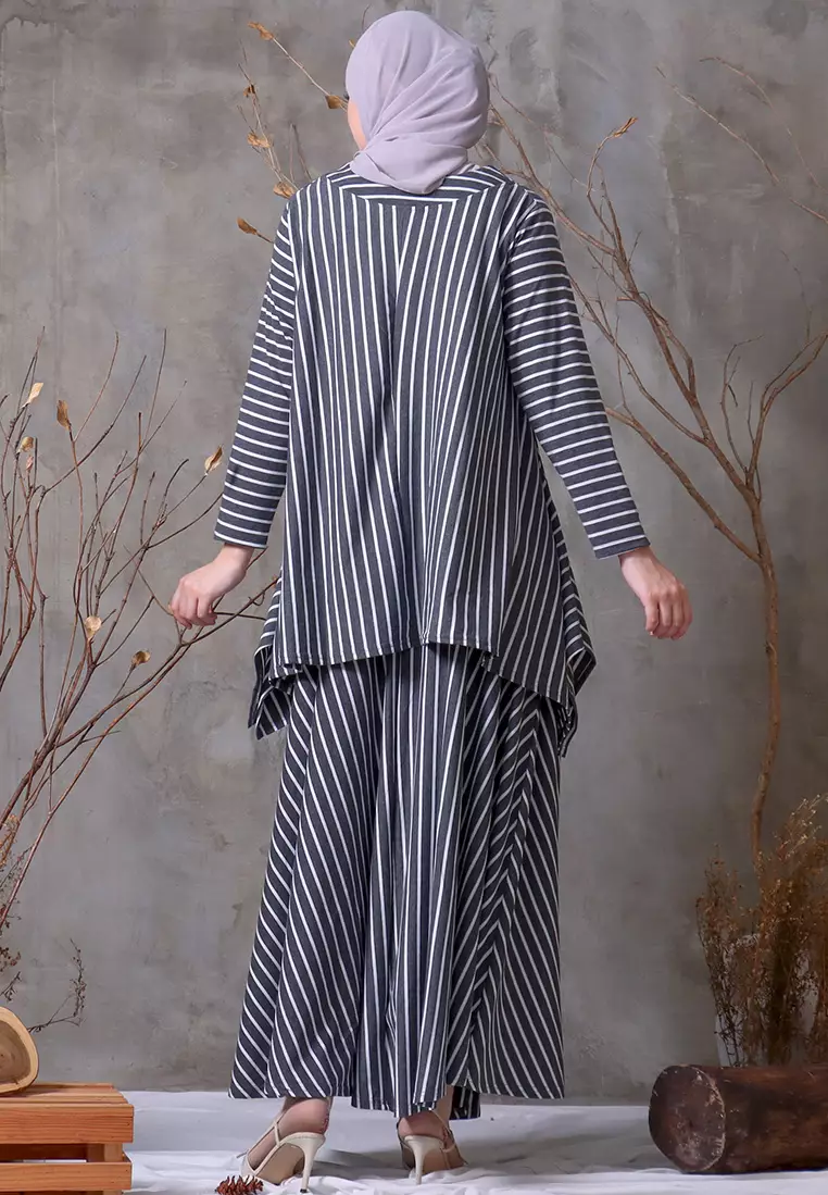 JV Hasanah Oneset Simple Stripes Darkgrey | Setelan Rok Salur Layer Kanan Kiri