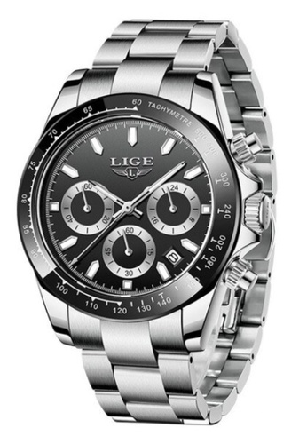 LIGE black and silver LIGE Chronograph Unisex Stainless Steel Quartz Watch, Black Bezel, Black dial on Steel Bracelet 992A2AC27E1FB6GS_1