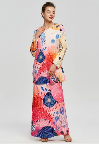 Under The Sea Fantasy Baju Kurung from Era Maya in red and orange and yellow and blue and multi and Beige