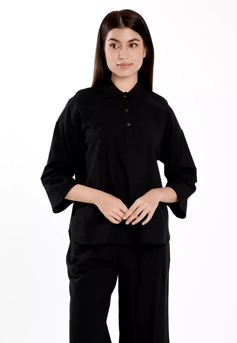 Forest Ladies Cotton Linen 3/4 Sleeve Collar Blouse Women Shirt | Baju Kemeja Perempuan Lengan Panjang - 822474-01Black