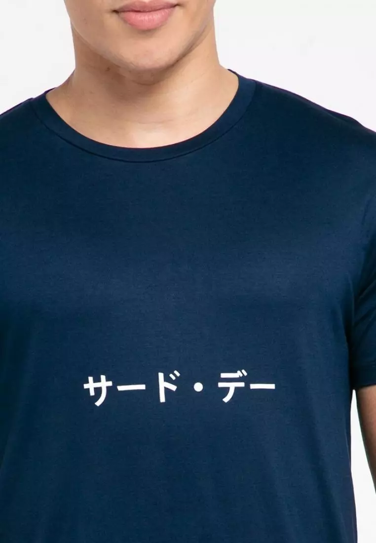 MTH43 Kaos Pria Simple Jepang Katakana belly t-shirt unisex navy
