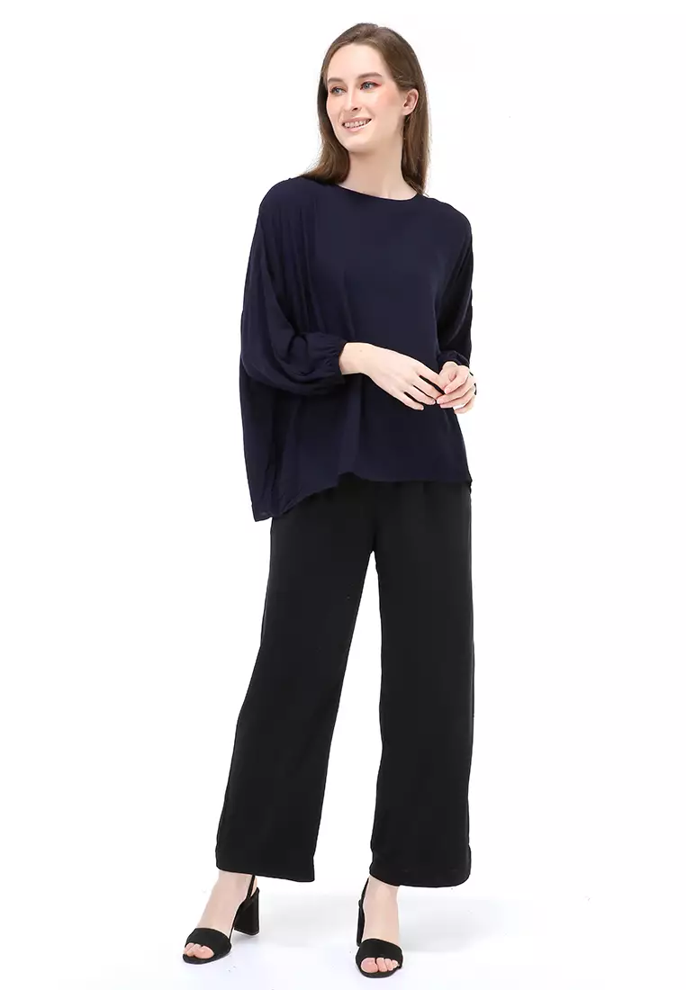 Jennifer Blouse Long Sleeves Wanita Motif Polos Atasan Casual - Navy