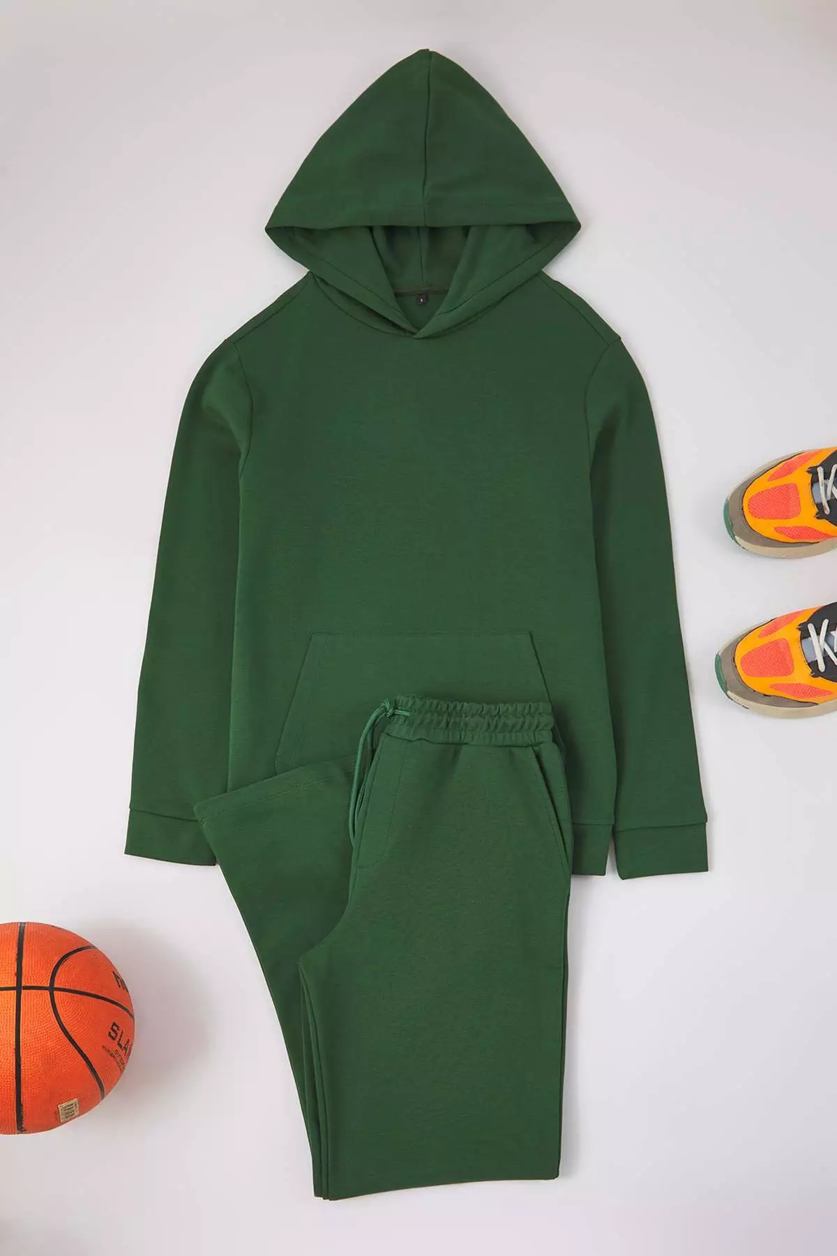 Green Top Oversize Bottom Straight Hooded Textured Tracksuit