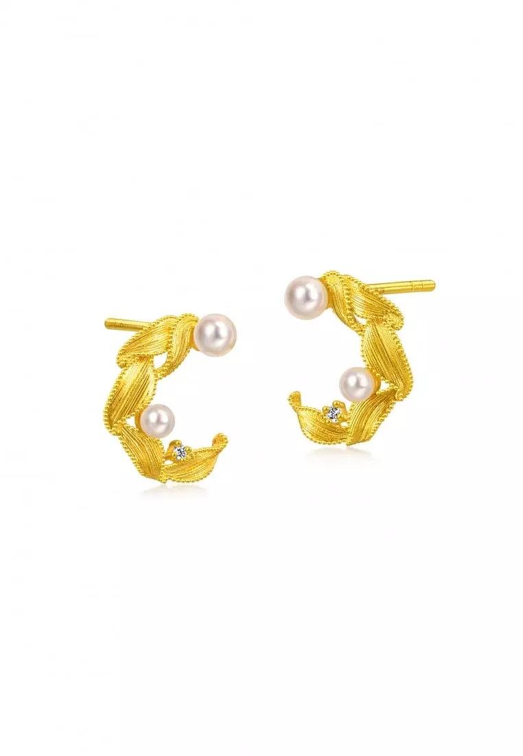 999.9 24K Pure Gold MINTYGREEN Pearl and Diamond Earrings for Women 95793E