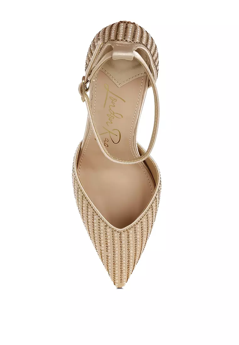 Pearls & Sequins Embellished Stiletto Sandals in Gold