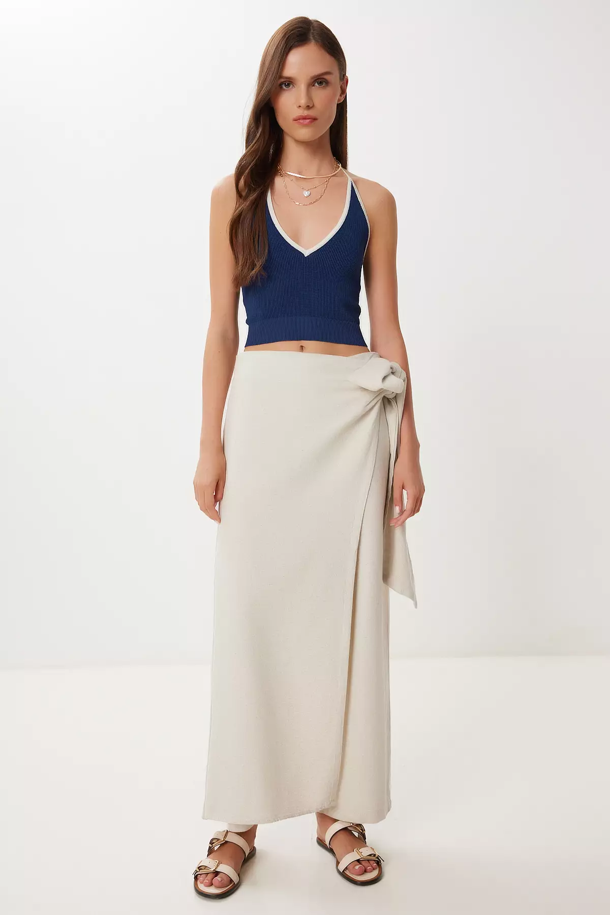 Women's Stone Skirt Look Tie Detailed Linen Trousers Bv00145