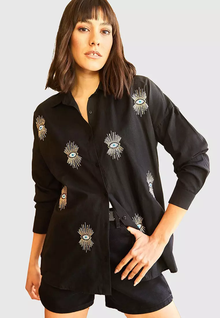 Cotton Sequin Boyfriend Shirt