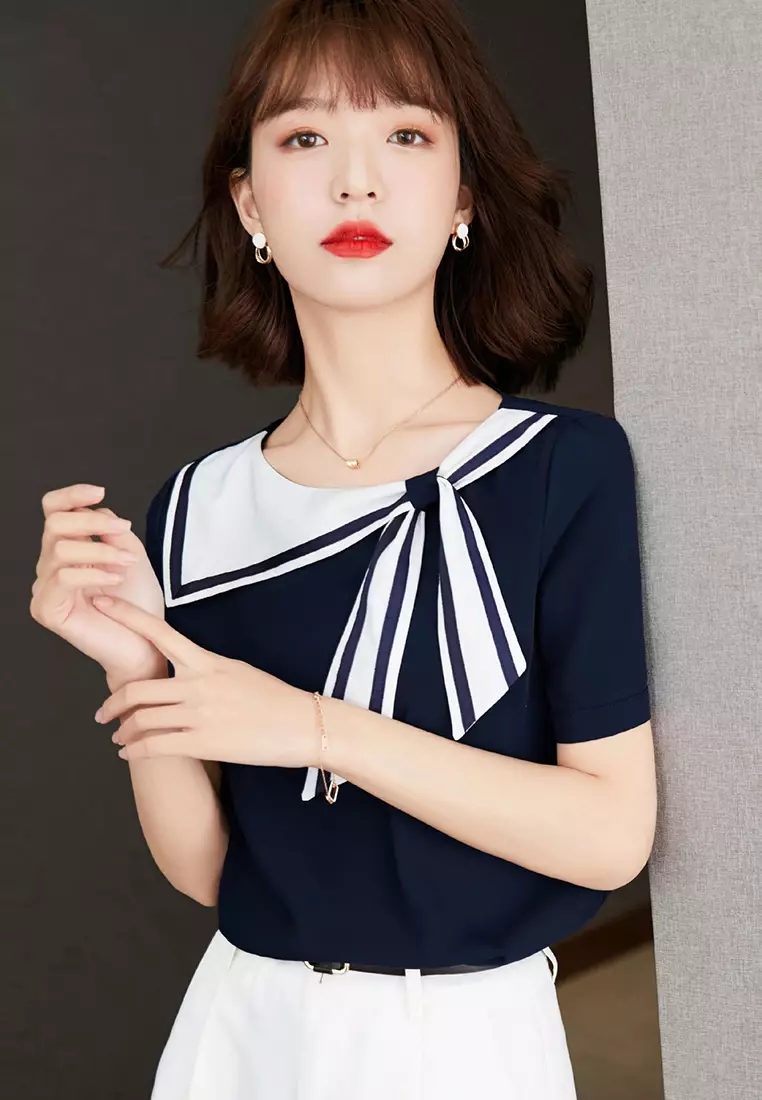 Western-Style Navy Blue Collar Loose Short-Sleeved Top A22022519BL