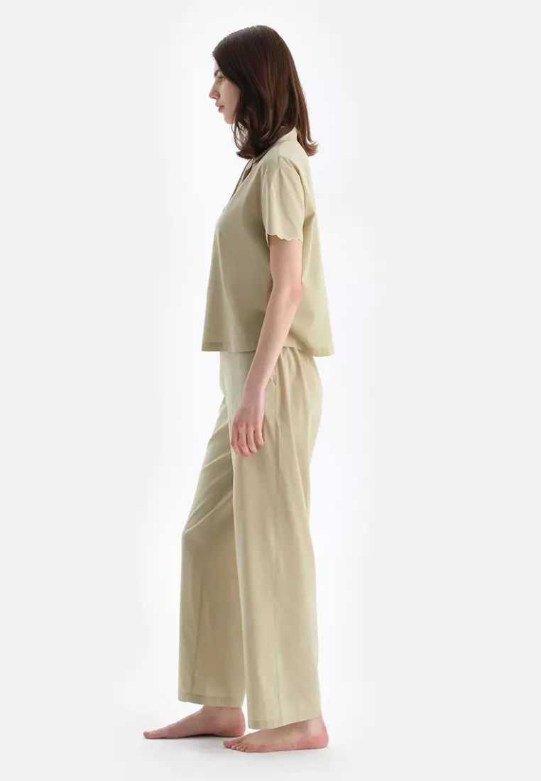 Light Green Woven Bottom Trousers, Regular, Long Leg, Sleepwear for Women