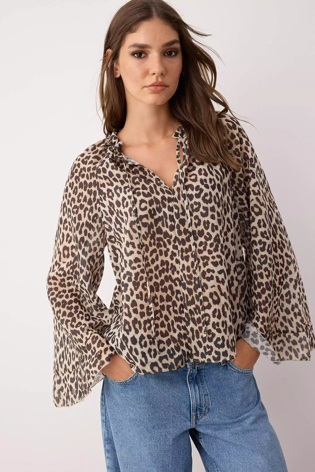 Multicolored Flounce Sleeve Leopard Print Blouse
