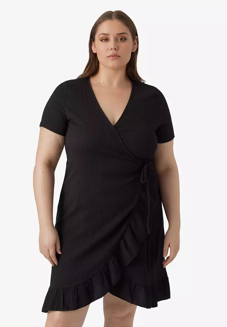 Plus Size Seline Faux Wrap Ruffle Dress - Black