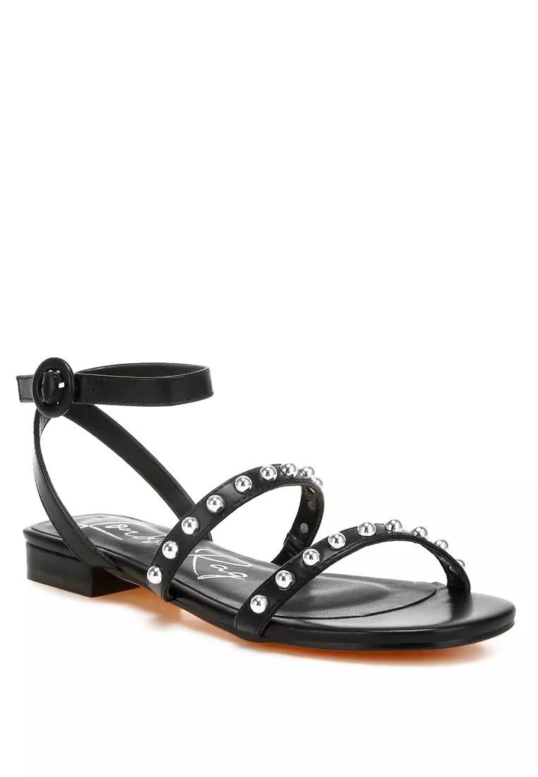 Studded Ankle Strap Flat Sandals in Black