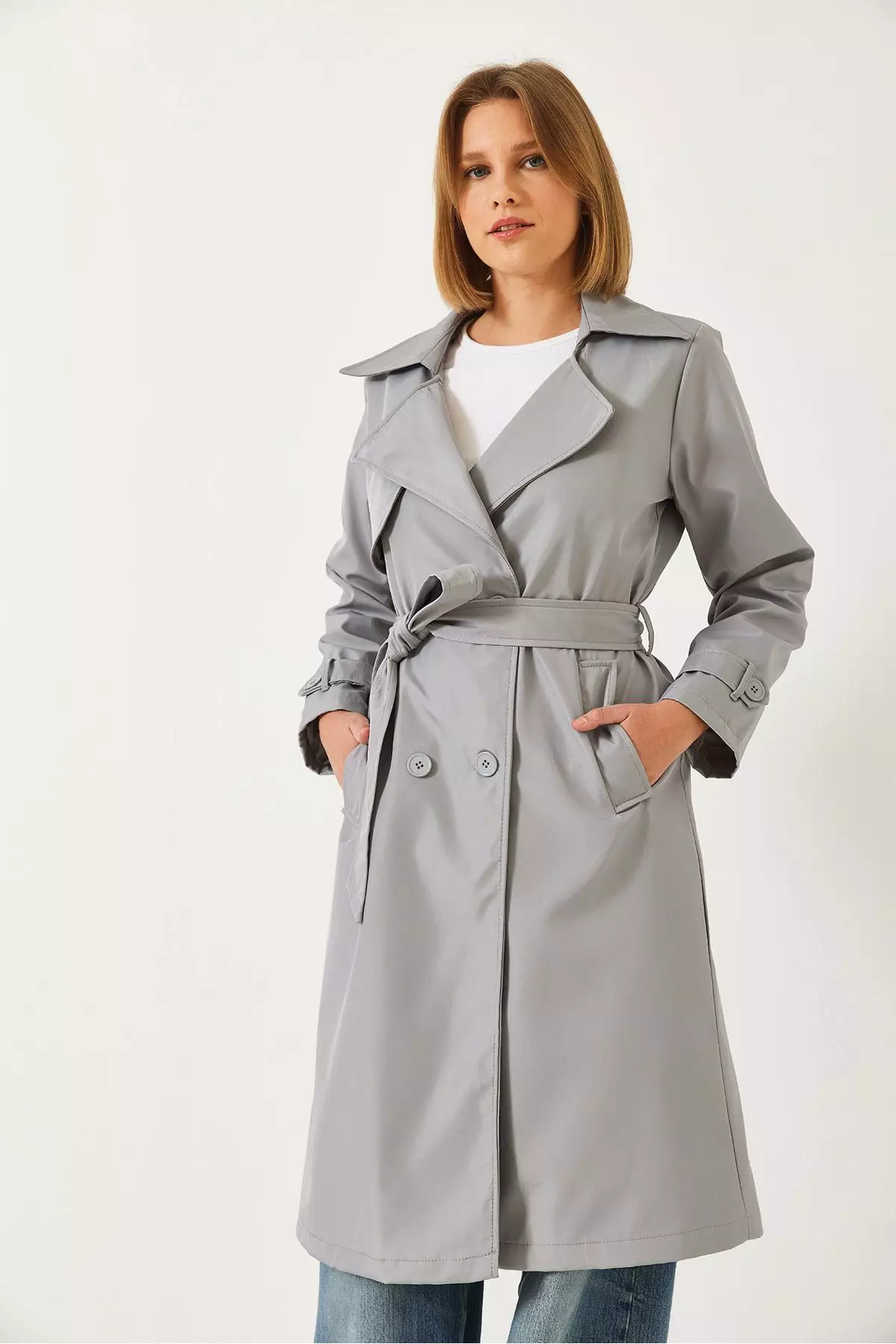 Buy Bianco Lucci Women's Double Breasted Neckline Belted Trench