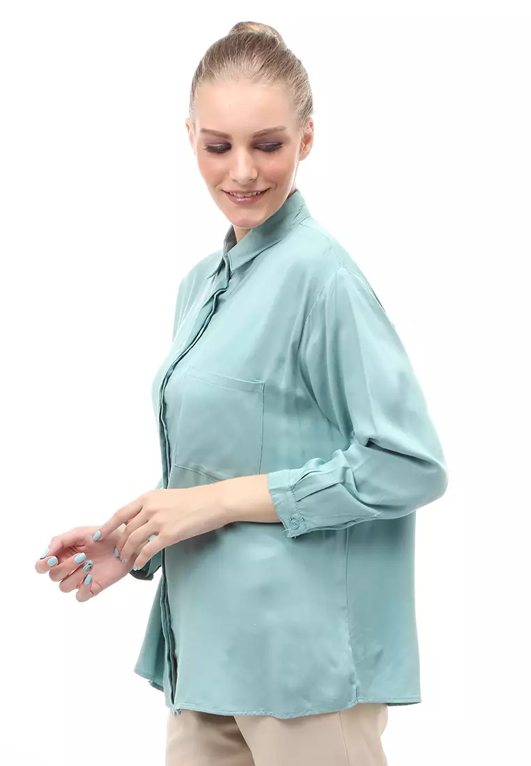 Dean Basic Shirt Lengan Panjang Atasan Wanita Front Button Opening Relaxed Fit - Tosca