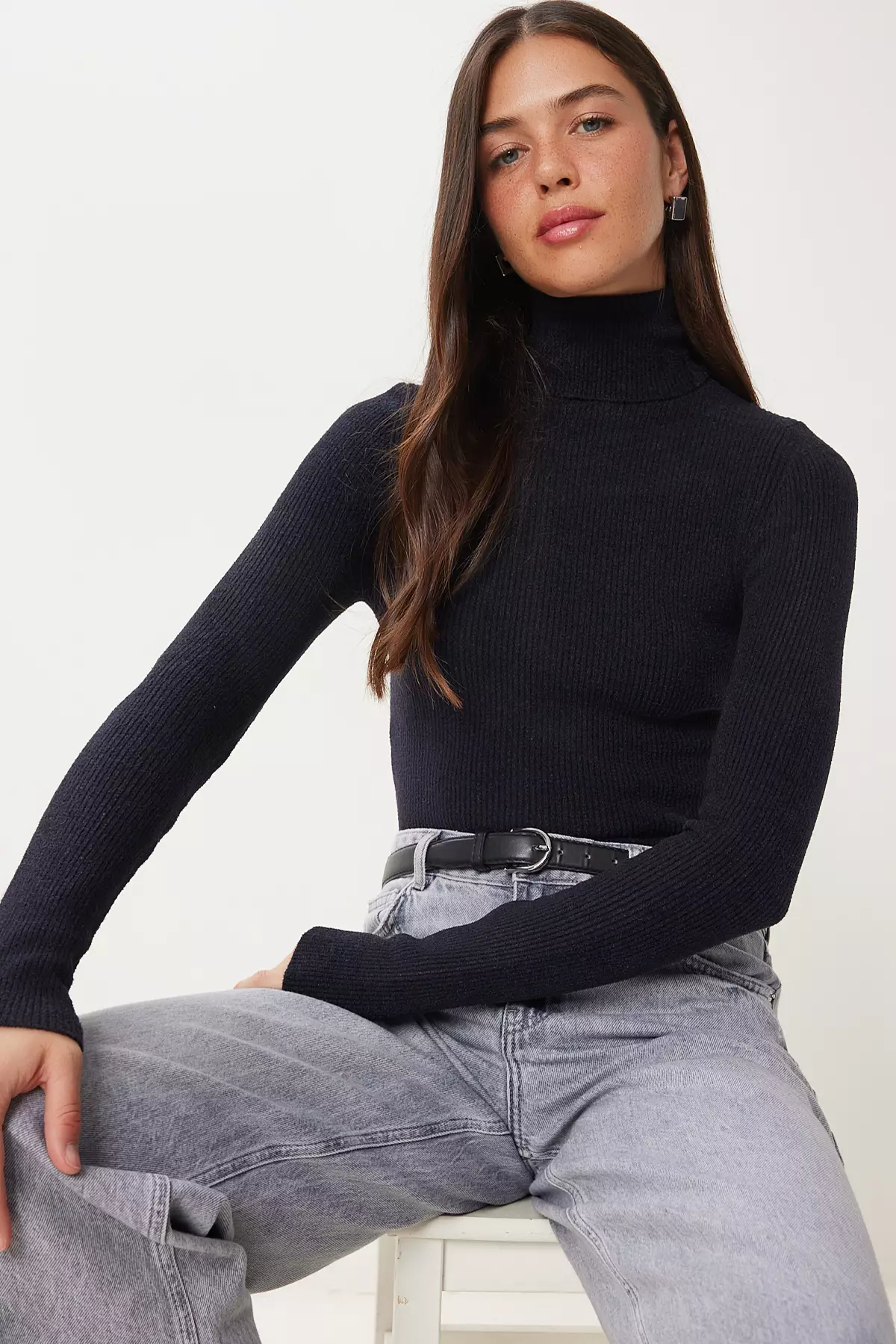 Women's Black Turtleneck Stretchy Ribbed Sweater Ns00460
