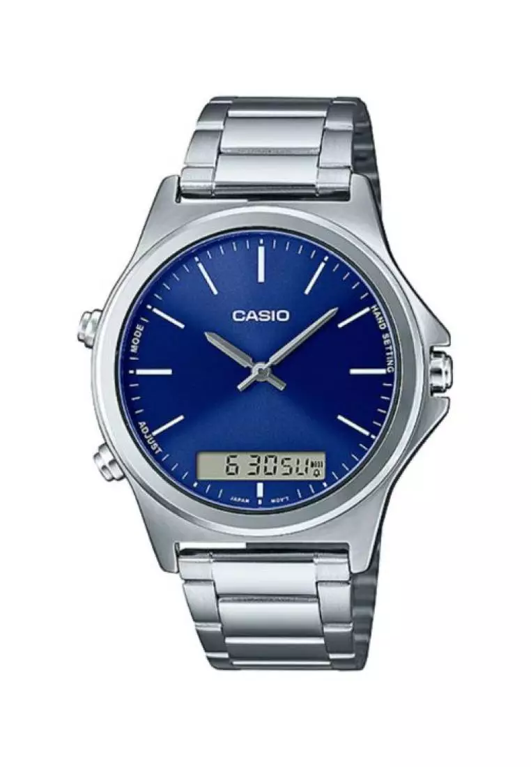 Casio Men s Analog Digital Watch MTP VC01D 2E Blue Dial with Stainless Steel Band Watch for Men