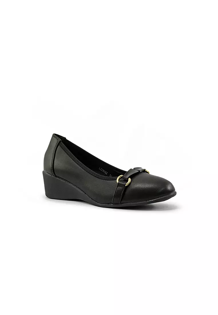 Women's LZ 29681 C94 Black wedge heel School Shoes with gold buckle detail.