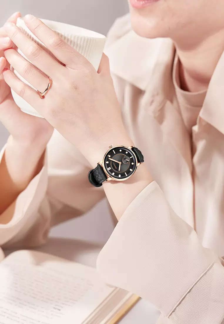 Jam Tangan Wanita Original Anggun Bercahaya Tali Kulit Mode Jam Tangan Cewek allblack