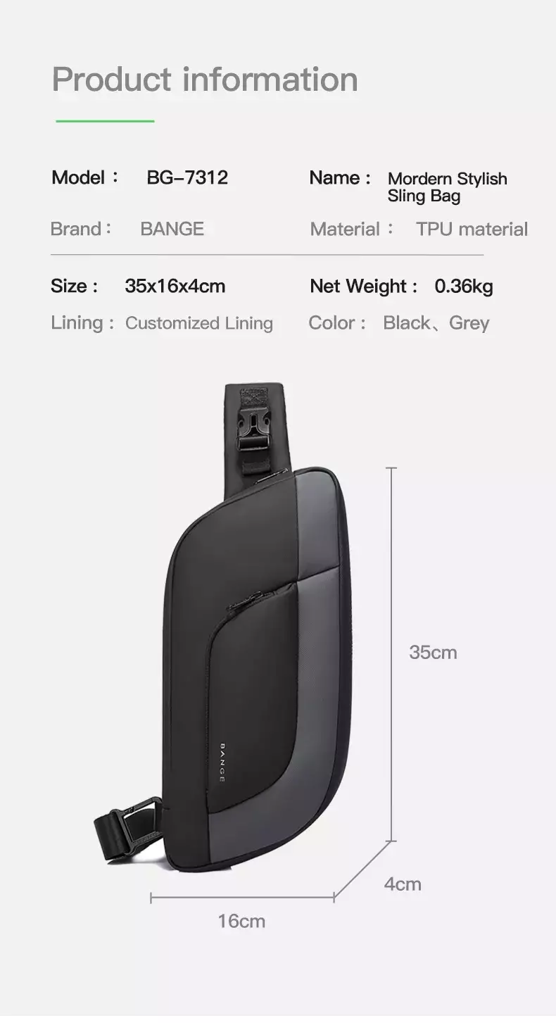 Bange BG7312 Tas Selempang Sling Bag Pria - BLACK GREY