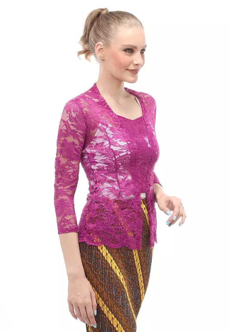 Hara Kebaya Seri 2 Motif Brokat Long Sleeves Atasan Wanita Transparan Premium Quality - Magenta