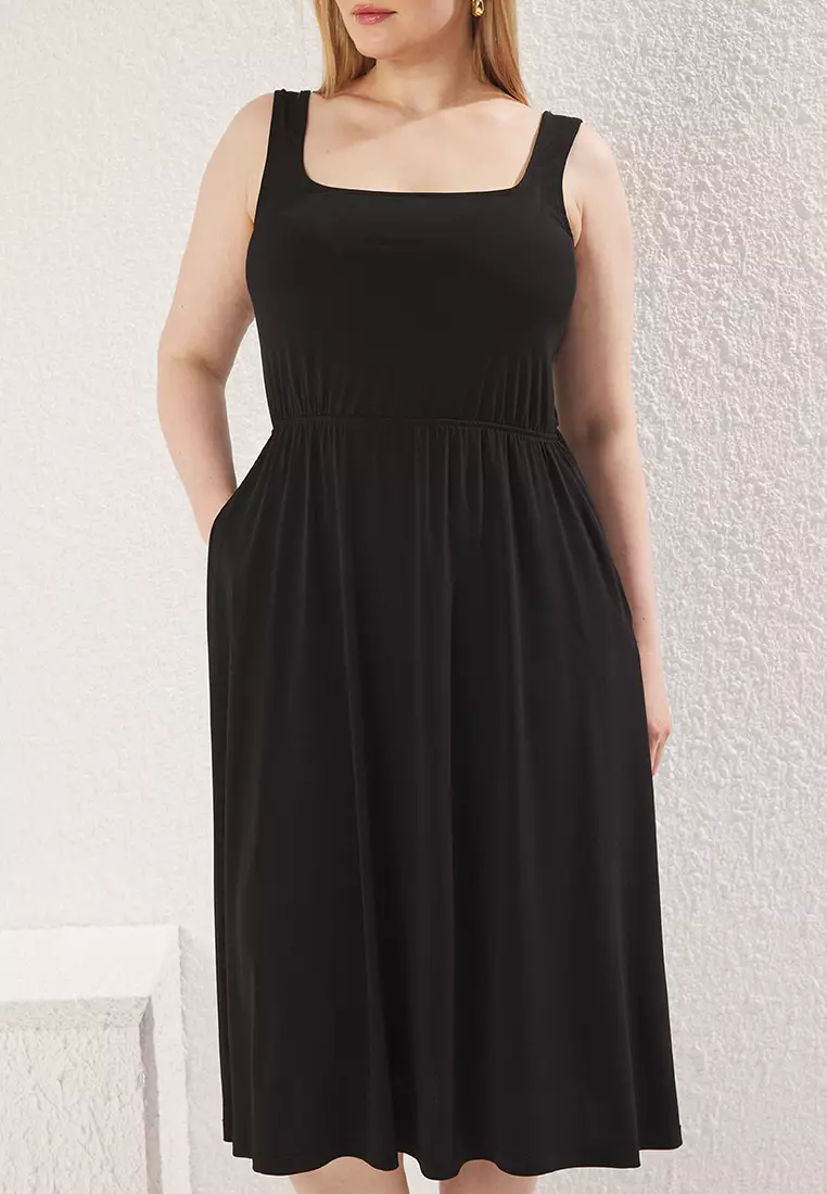 Black Square Neck A-line Knitted Plus Size Dress TBBSS25AH00063