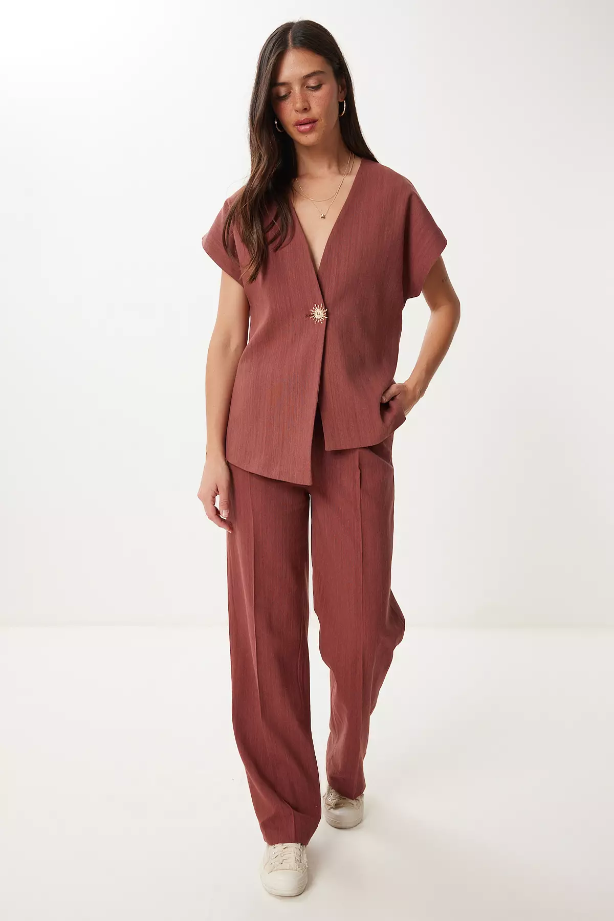 Women Tile Stylish Buttoned Linen Blouse Pants Suit No00029