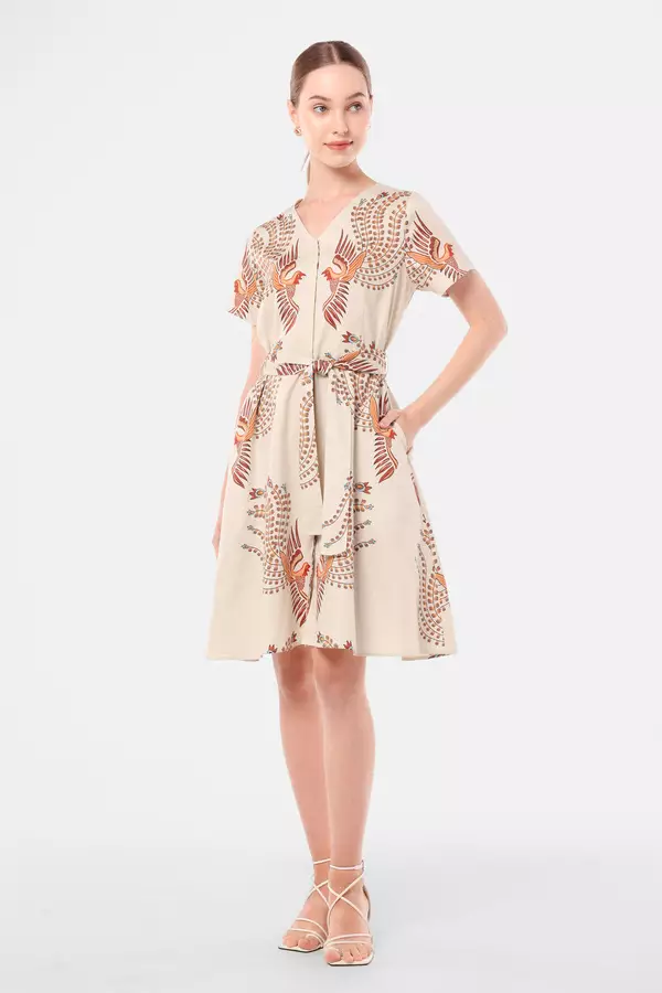 MINIMAL - Ayundara - Dress Motif Burung Sogan - Beige Warna Beige