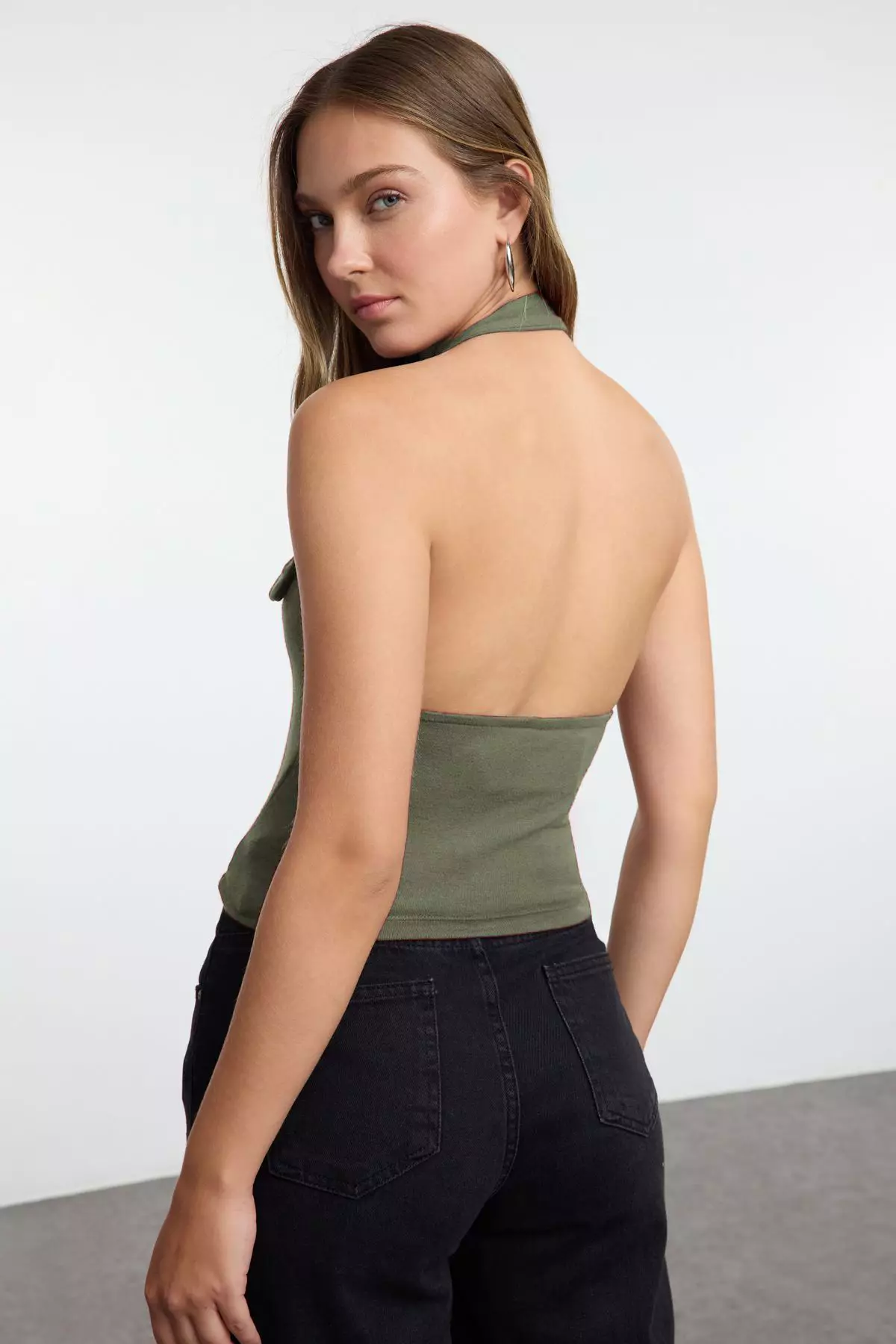 Khaki Neck Tie Belt Detailed Slim Knitted Blouse TWOSS24BZ00580 Knitted Blouse TWOSS24BZ00580