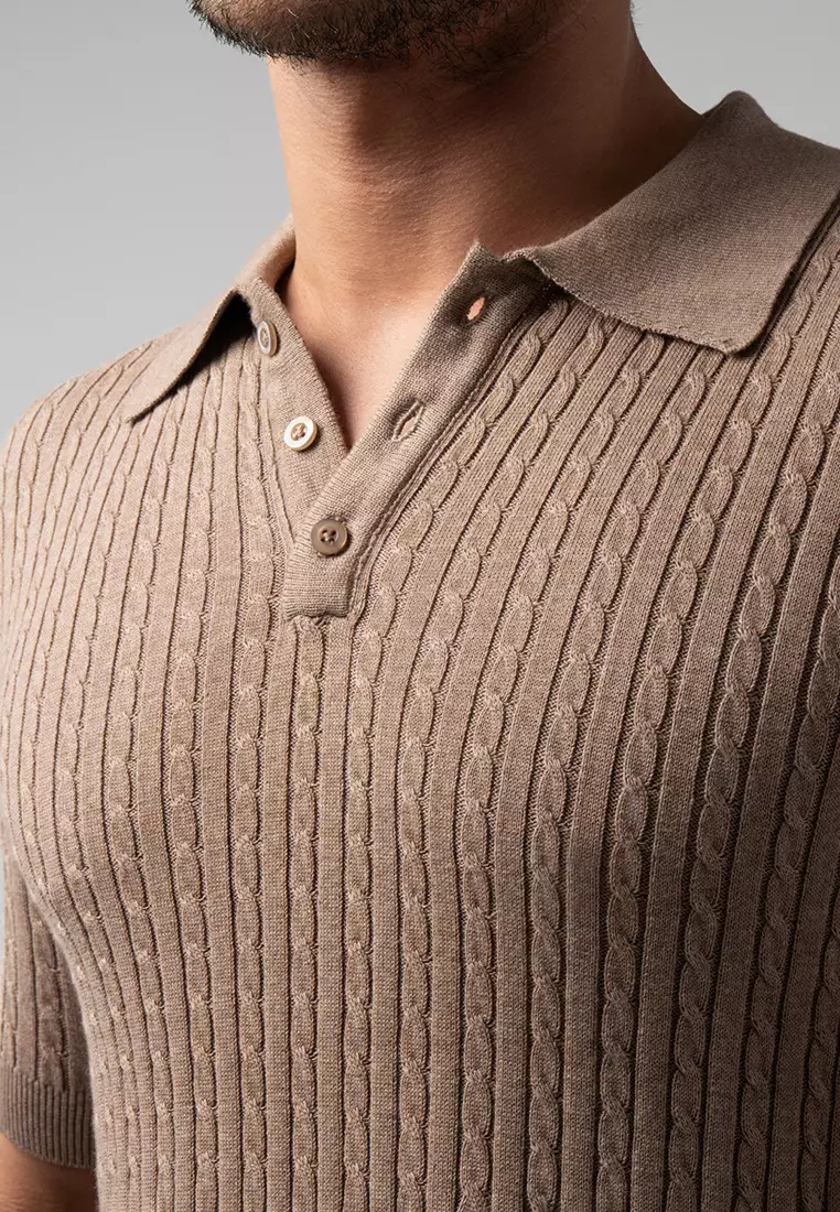 Mens Cable Knit Cotton Polo Light Brown