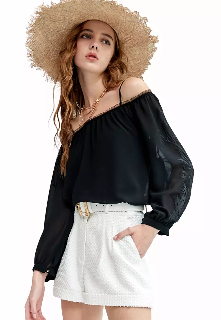 Black chiffon off store the shoulder top