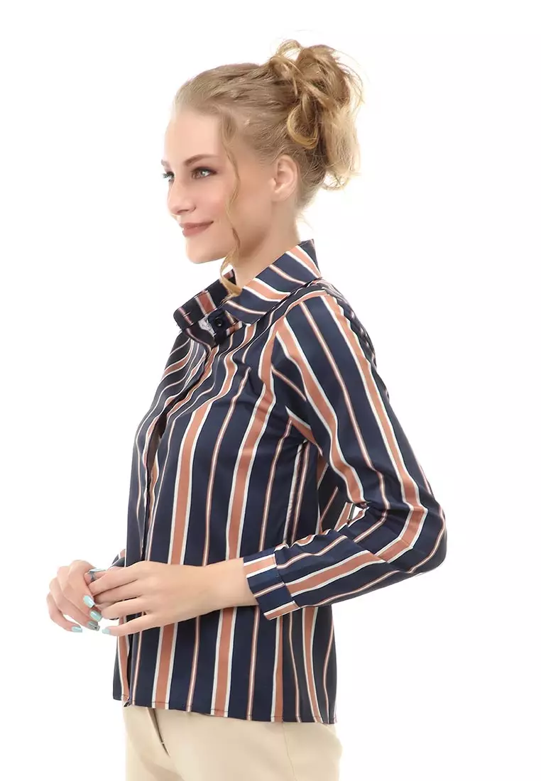 Holly Kemeja Atasan Kasual Wanita Lengan Panjang Motif Garis Material Polyester ORIGINAL - Navy