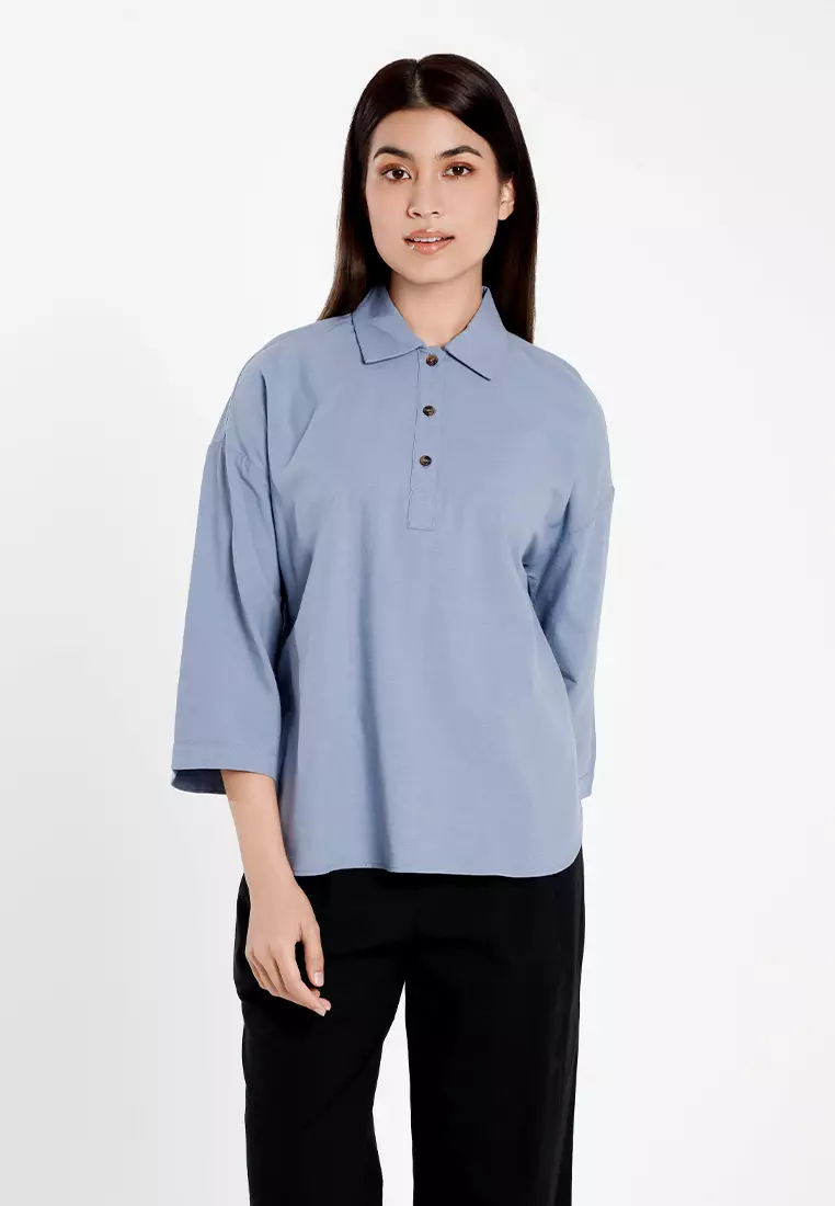 Forest Ladies Cotton Linen 3/4 Sleeve Collar Blouse Women Shirt | Baju Kemeja Perempuan Lengan Panjang - 822474-38DustyBlue