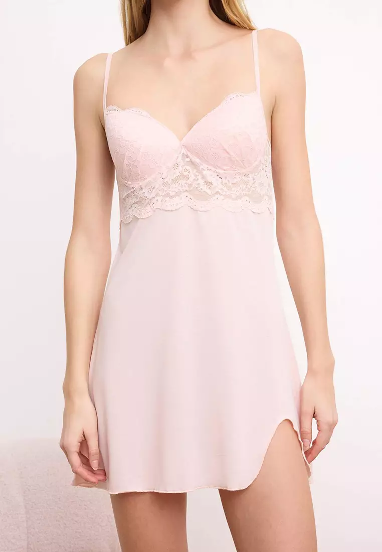 Powder 4-Piece Lace Detailed Dressing Gown + Nightgown + Bralet + Shorts Knitted Pajama Set Thmss26Pt93