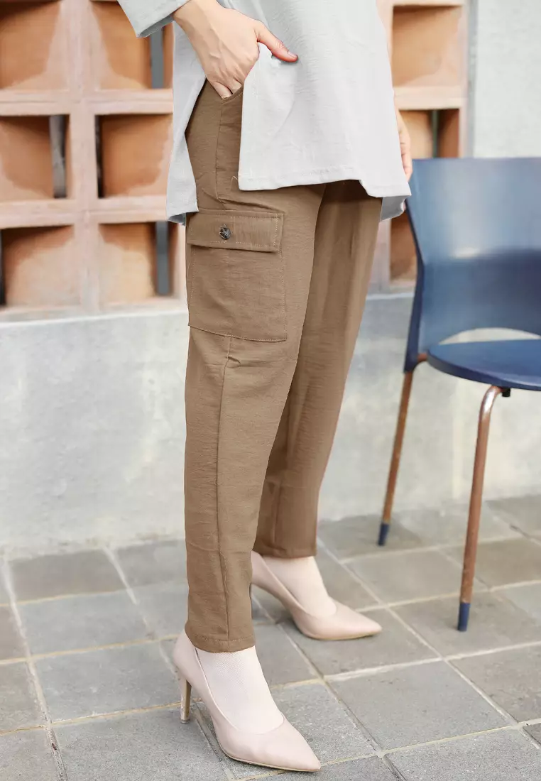 Elirana Celana Basic Pocket | Celana Kulit Wanita - Milky Latte